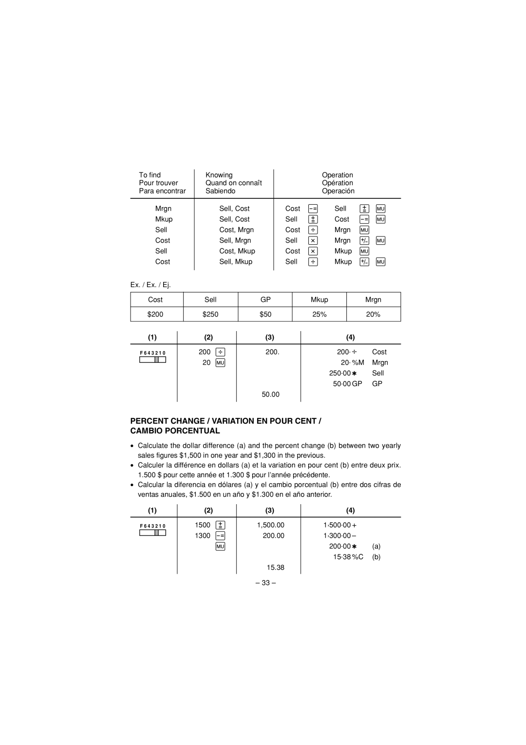 Sharp CS-1194H, CS-2194H operation manual Percent Change / Variation EN Pour Cent Cambio Porcentual 