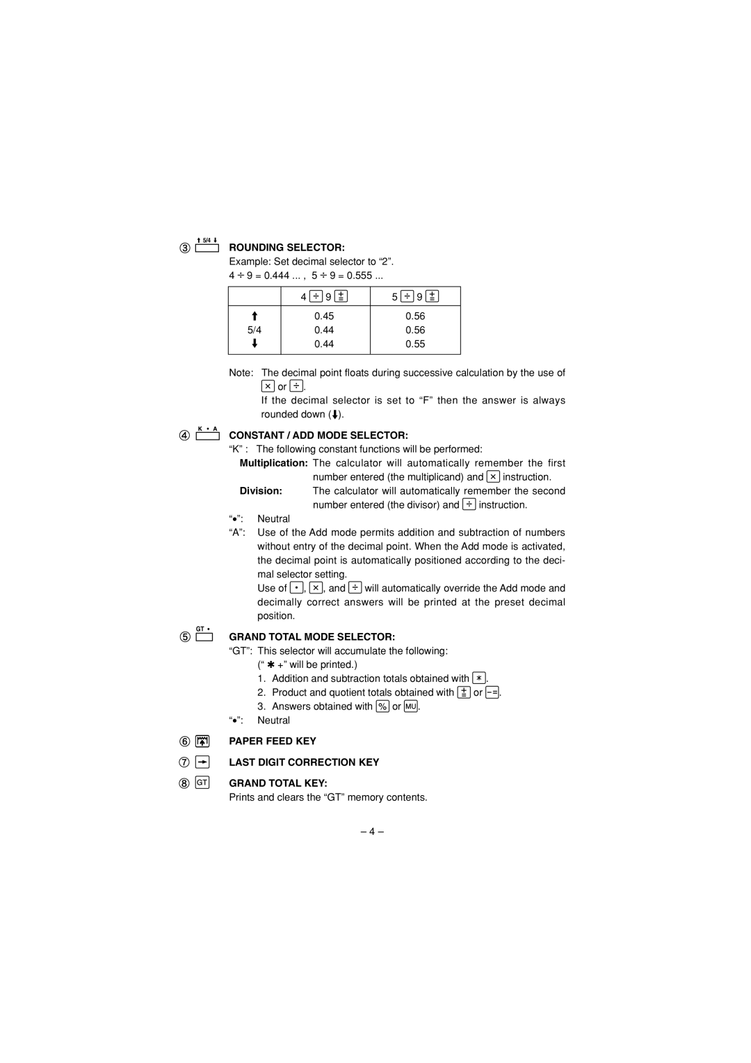 Sharp CS-2194H, CS-1194H Rounding Selector, Constant / ADD Mode Selector, Division, Grand Total Mode Selector 