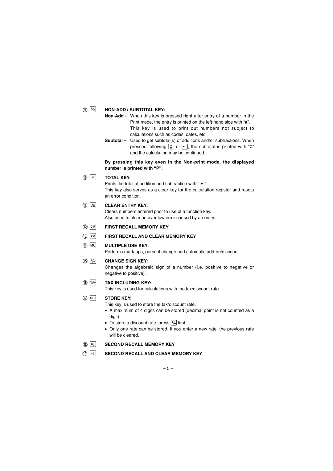 Sharp CS-1194H, CS-2194H NON-ADD / Subtotal KEY, Total KEY, Clear Entry KEY, Change Sign KEY, Tax-Including Key, Store KEY 