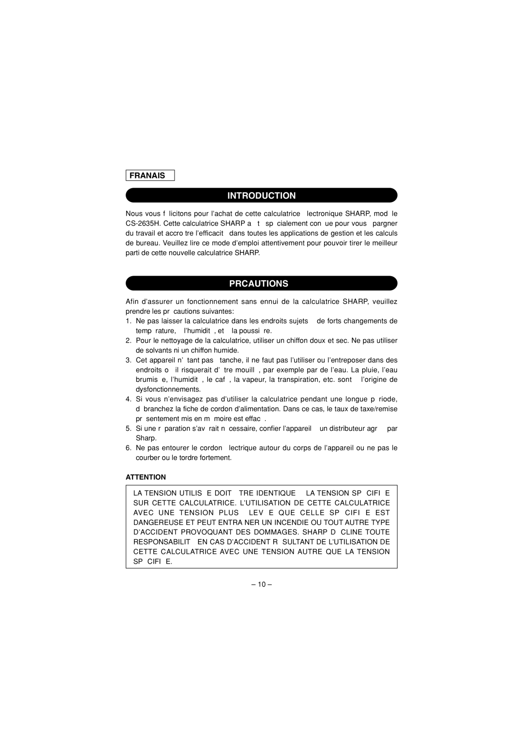 Sharp CS-2635H operation manual Introduction, Précautions 