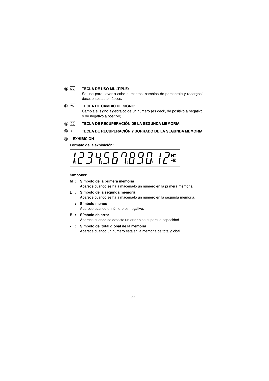 Sharp CS-2635H operation manual Tecla DE USO Multiple, Tecla DE Cambio DE Signo 