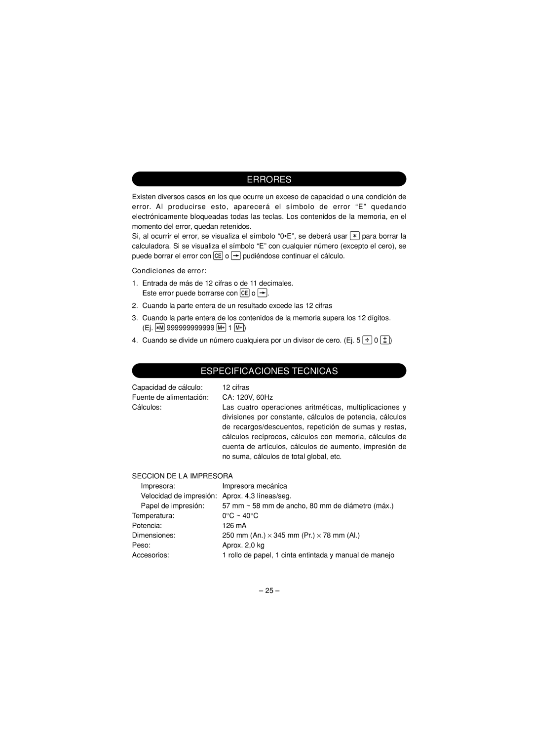 Sharp CS-2635H operation manual Errores, Especificaciones Tecnicas, Condiciones de error, Seccion DE LA Impresora 