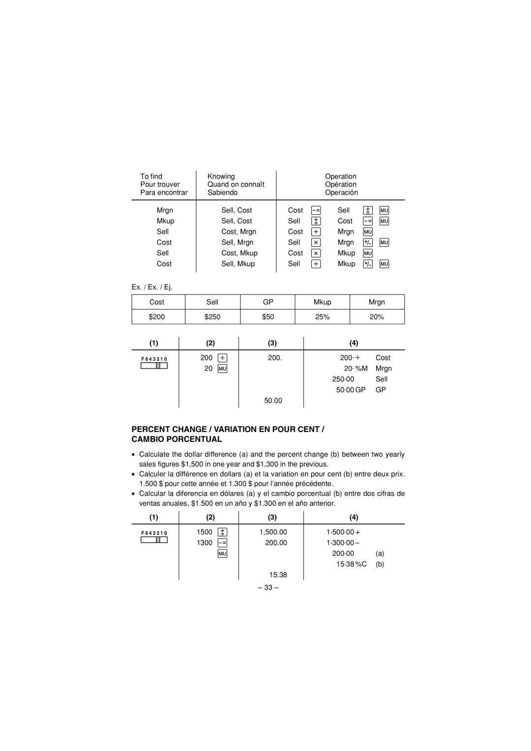 Sharp CS-2635H operation manual Percent Change / Variation EN Pour Cent Cambio Porcentual 