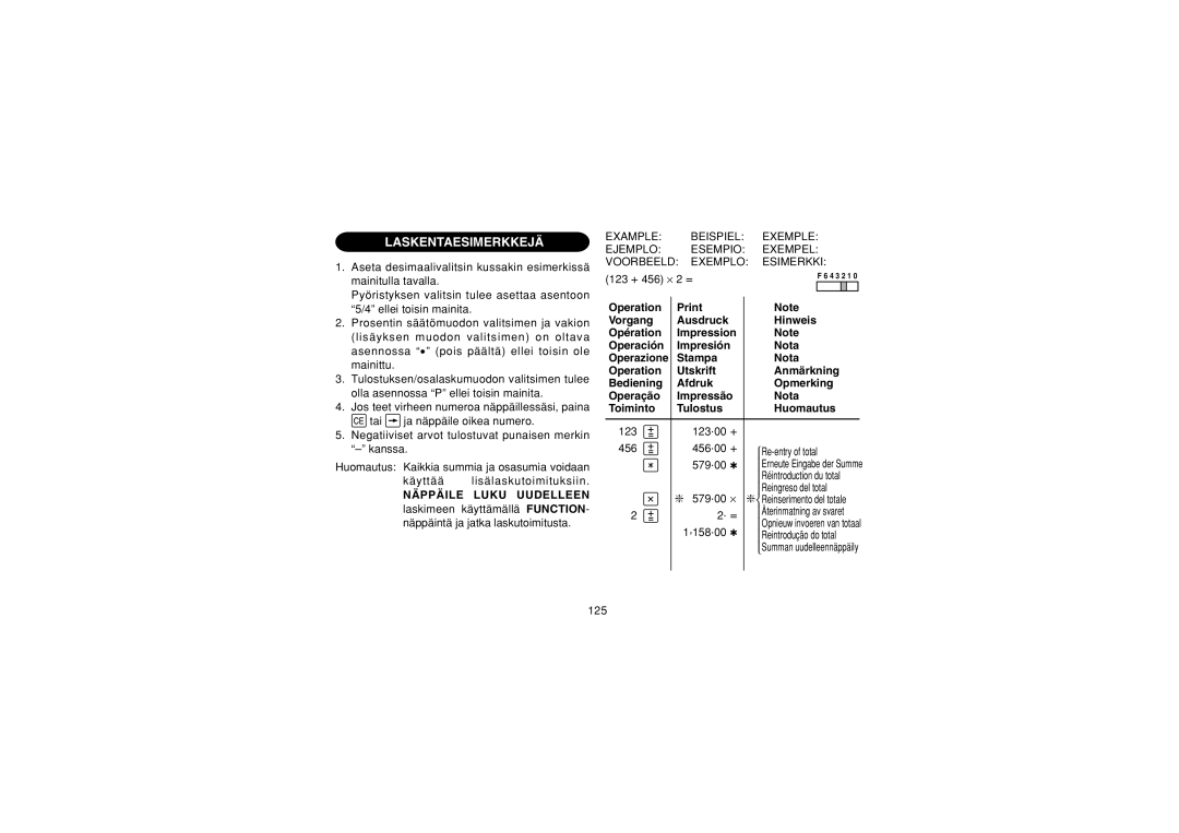 Sharp CS-2635RH Laskentaesimerkkejä, Näppäile Luku Uudelleen, Operation Print Vorgang Ausdruck Hinweis Opération 