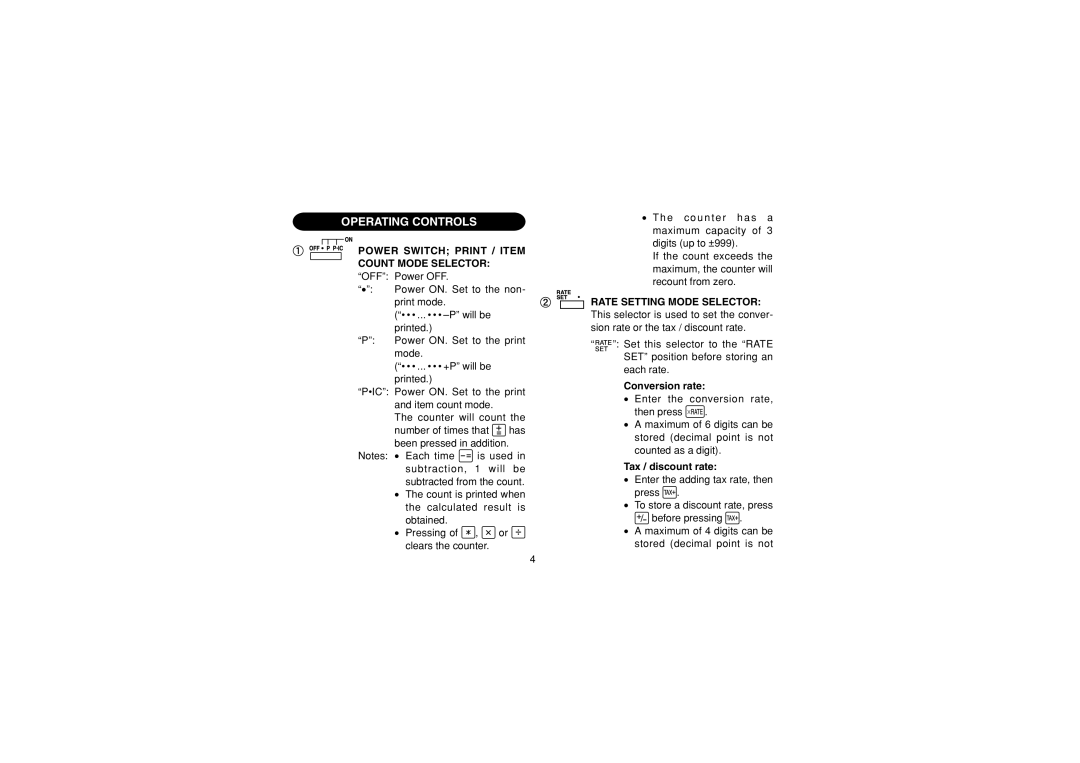 Sharp CS-2635RH Operating Controls, Power Switch Print / Item Count Mode Selector, Rate Setting Mode Selector 