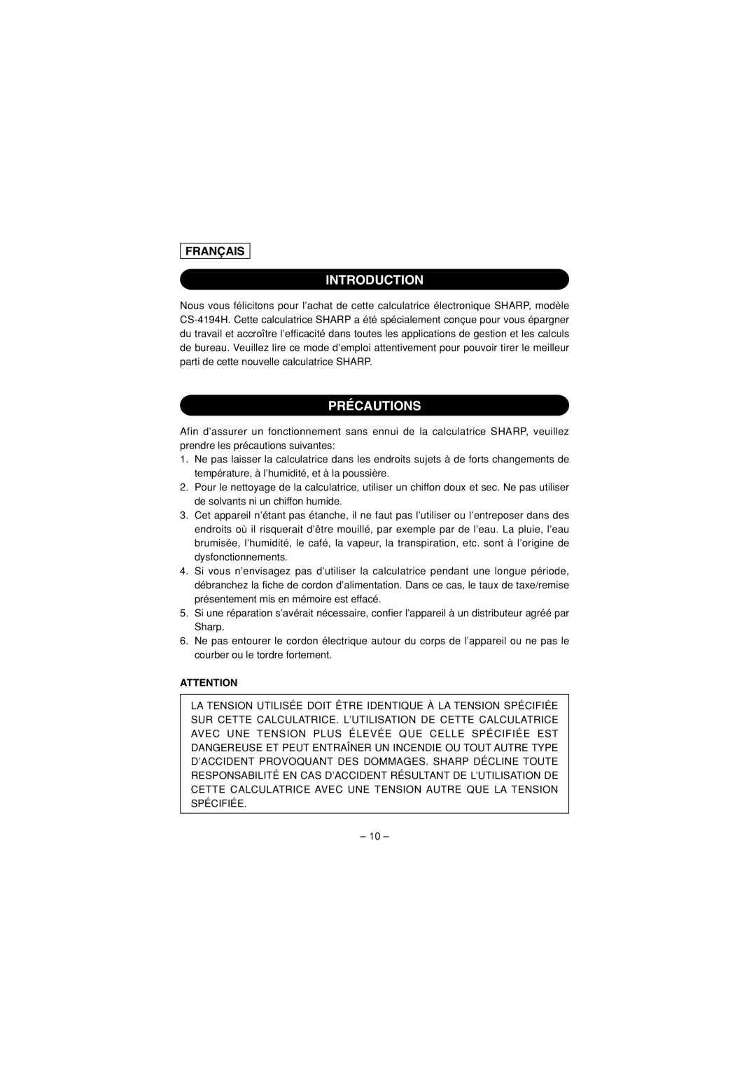 Sharp CS-4194H operation manual Introduction, Précautions 