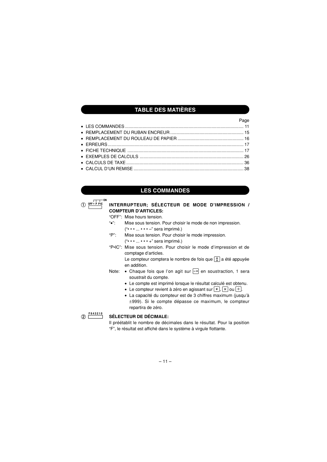 Sharp CS-4194H operation manual Table DES Matières, LES Commandes, Sélecteur DE Décimale 