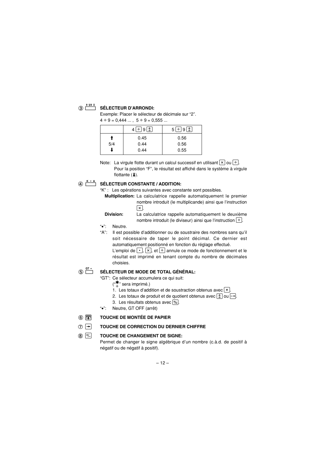 Sharp CS-4194H operation manual Sélecteur D’ARRONDI, Sélecteur Constante / Addition, Sélecteur DE Mode DE Total Général 