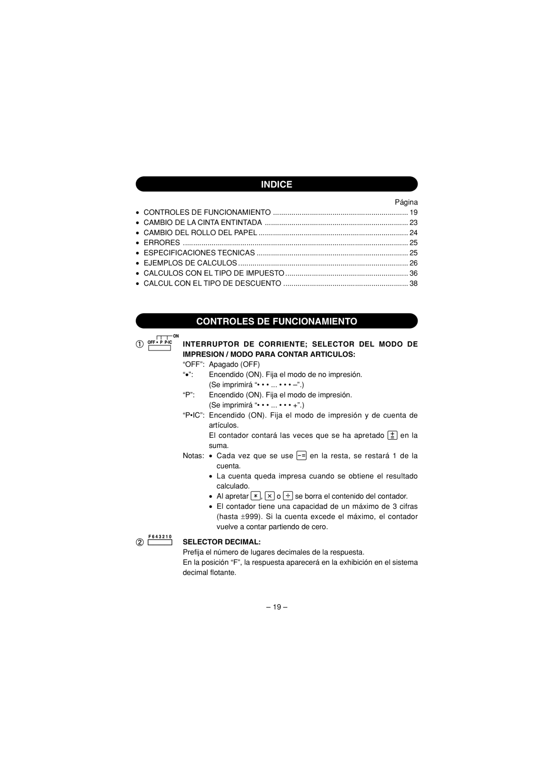 Sharp CS-4194H operation manual Indice, Controles DE Funcionamiento, Selector Decimal 