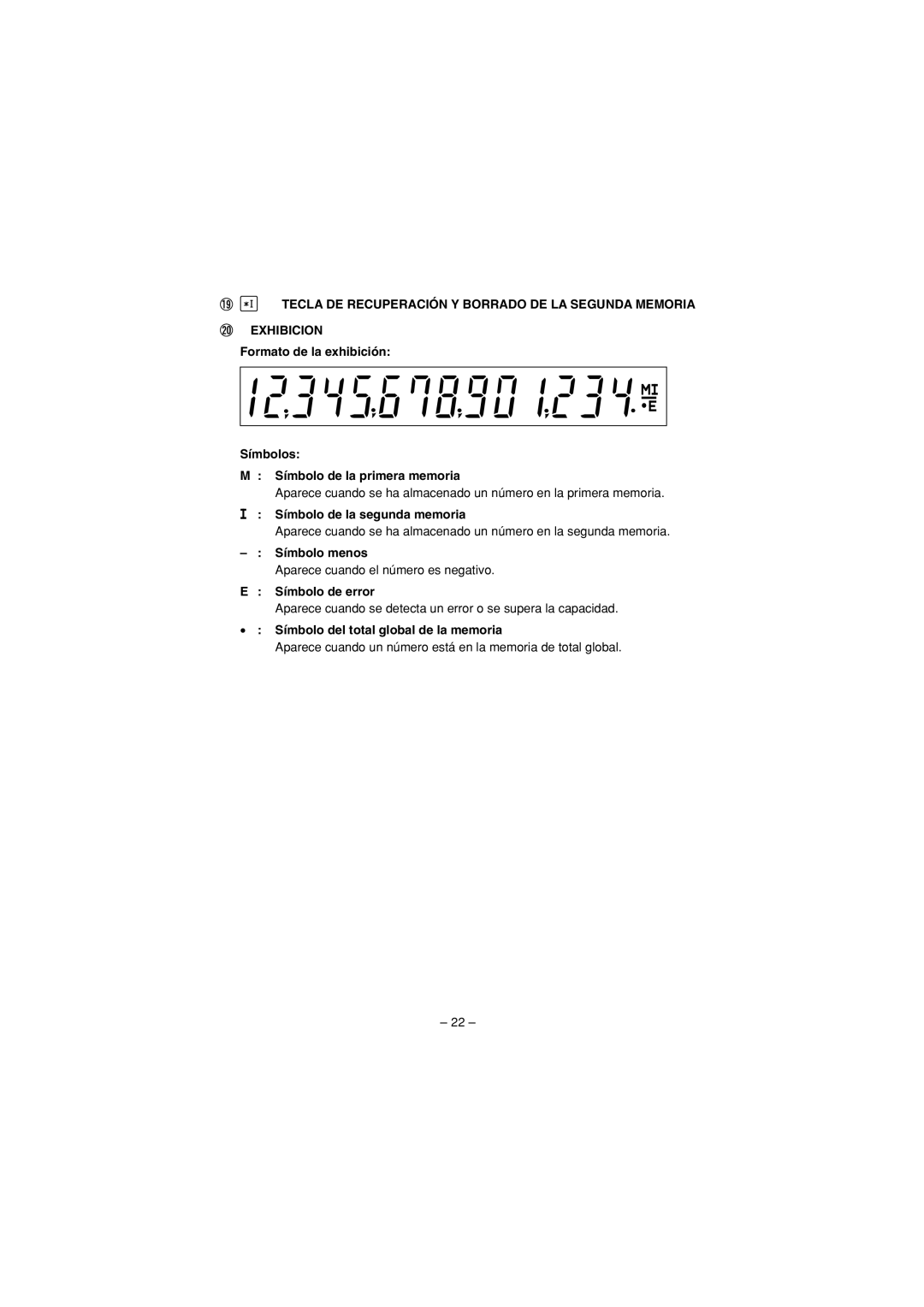 Sharp CS-4194H operation manual Símbolo de la segunda memoria 