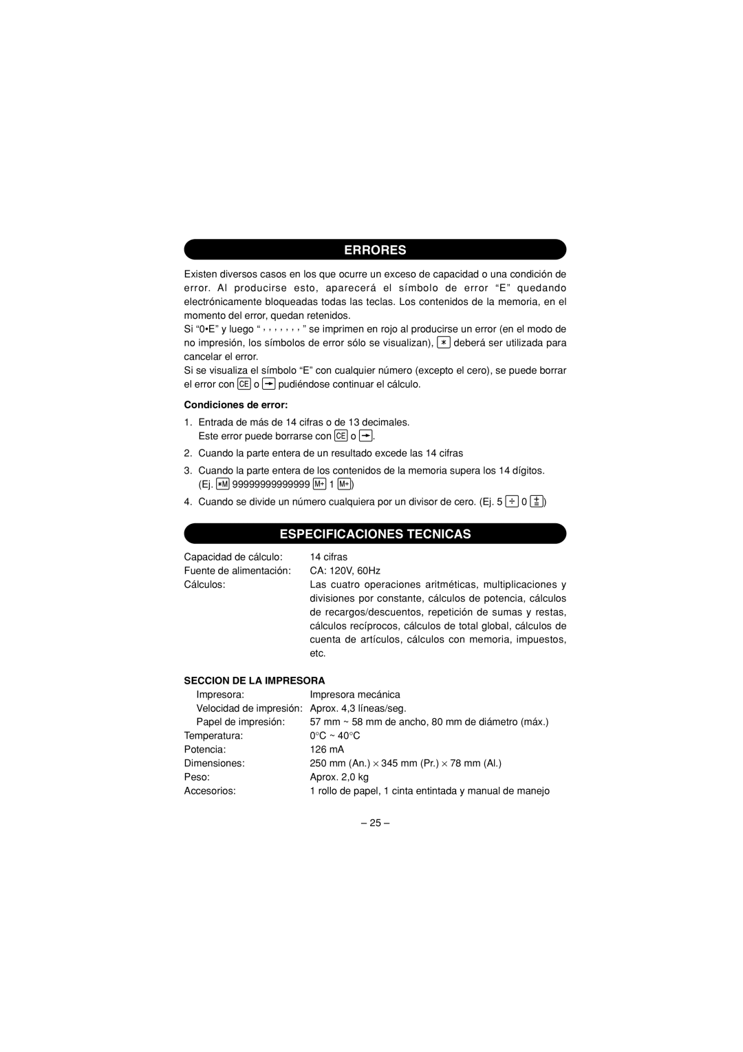 Sharp CS-4194H operation manual Errores, Especificaciones Tecnicas, Seccion DE LA Impresora 