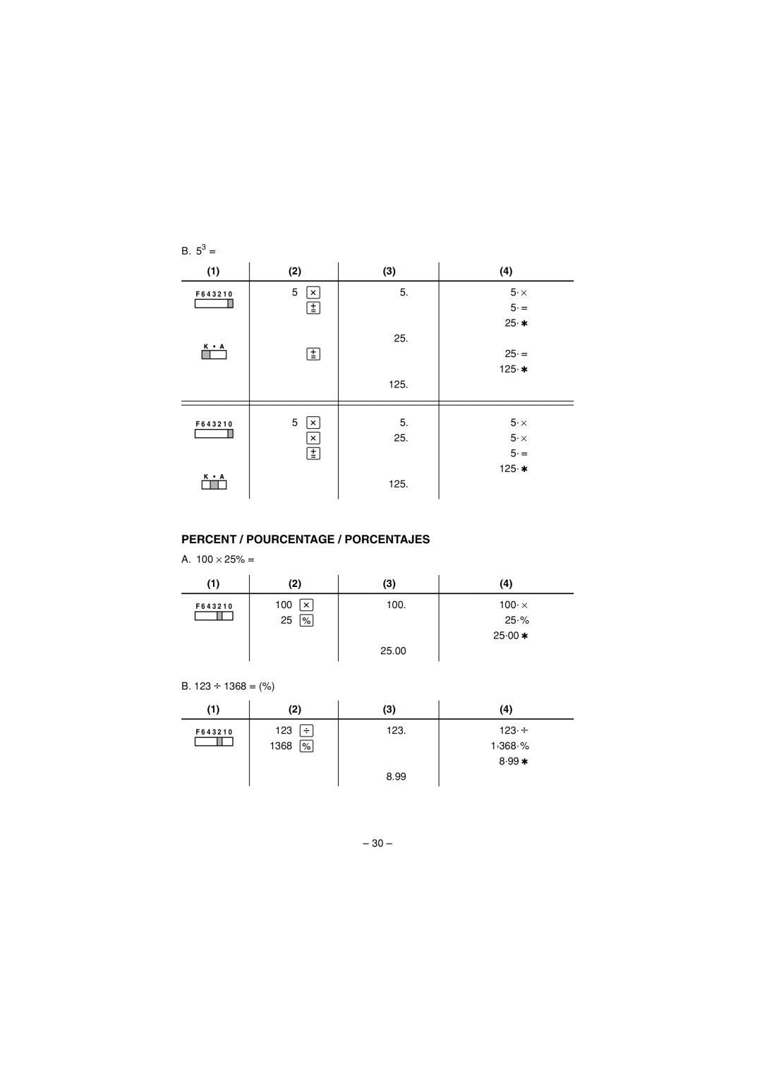 Sharp CS-4194H operation manual Percent / Pourcentage / Porcentajes 