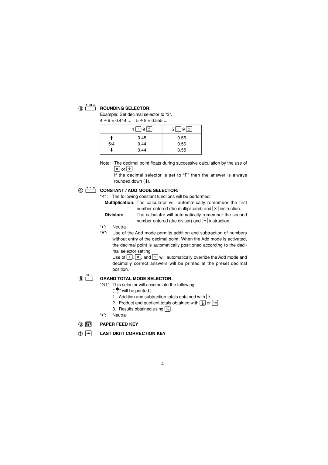 Sharp CS-4194H operation manual Rounding Selector, Constant / ADD Mode Selector, Grand Total Mode Selector 