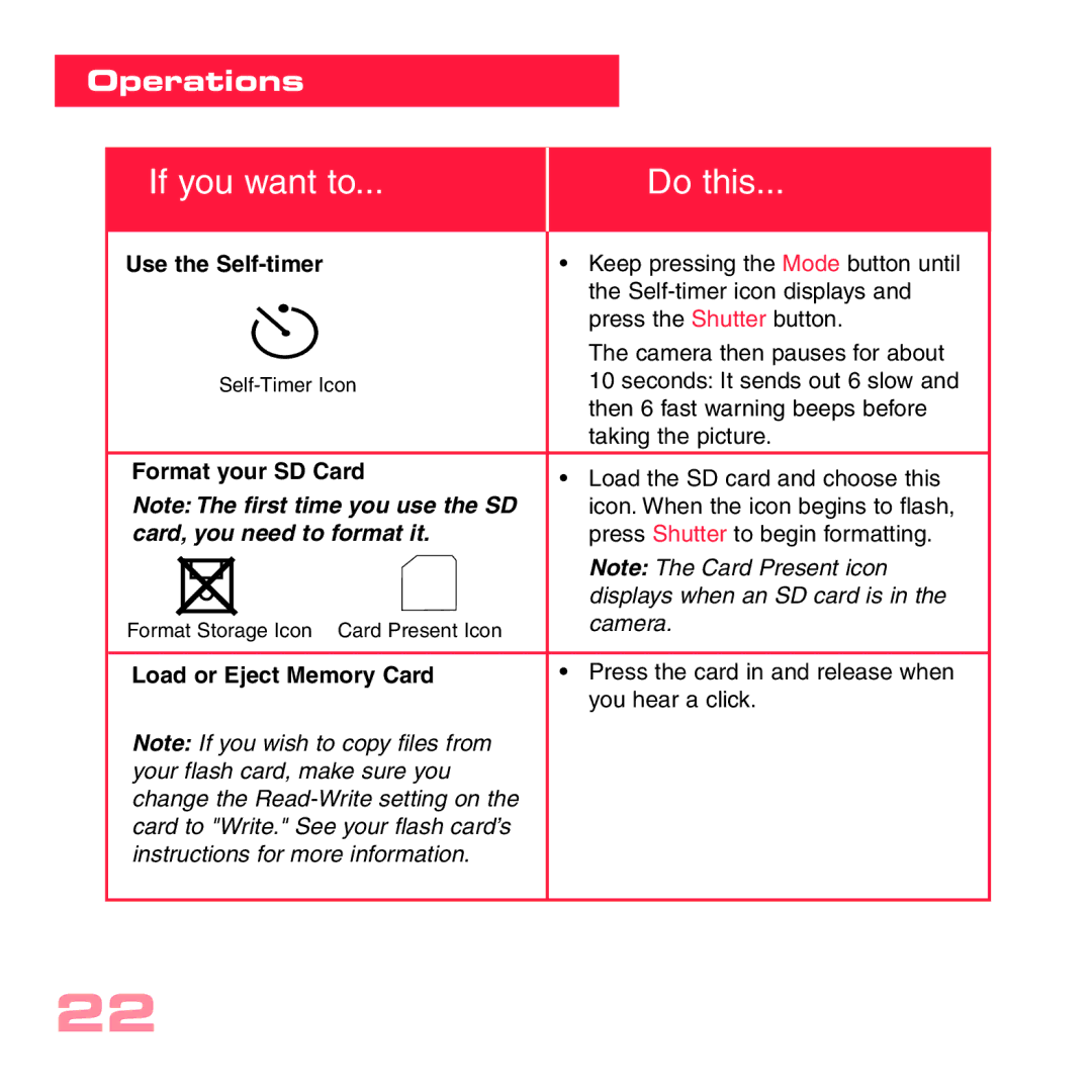 Sharp CV-2 manual Use the Self-timer, Format your SD Card, Load or Eject Memory Card 