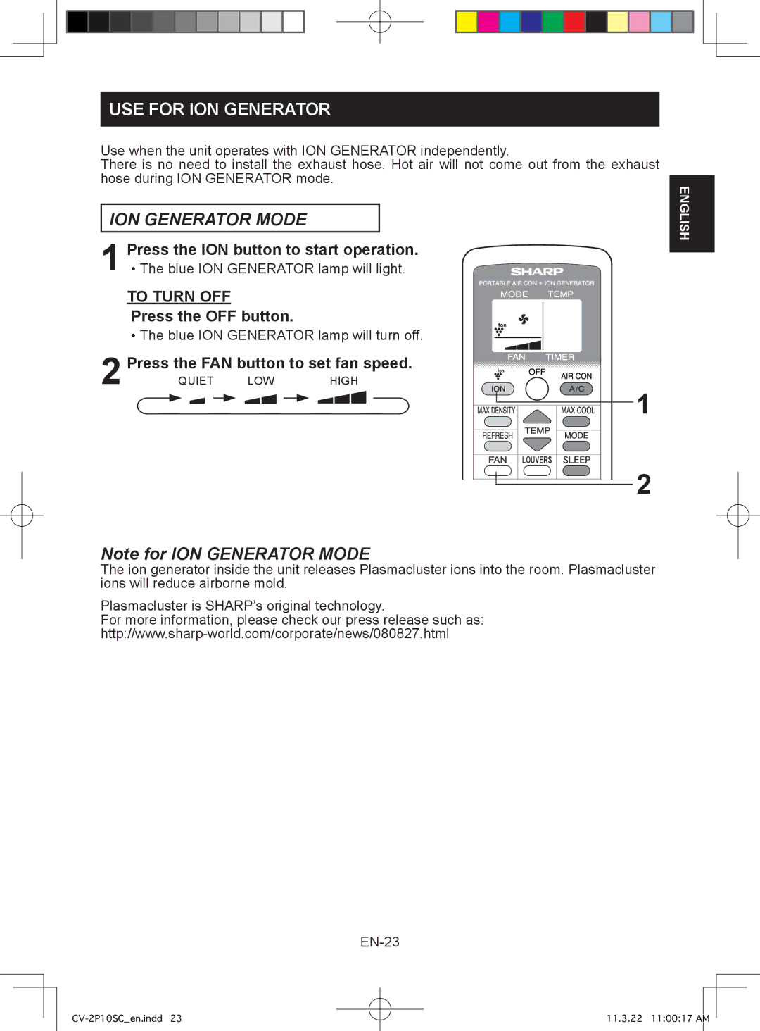 Sharp CV-2P10SC operation manual USE for ION Generator, ION Generator Mode, Press the ION button to start operation 