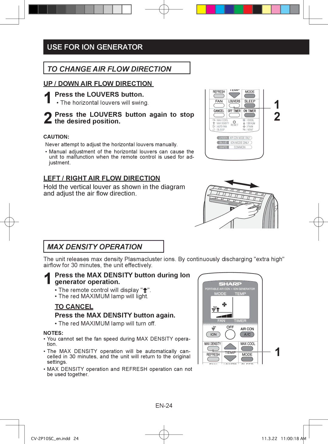 Sharp CV-2P10SC operation manual MAX Density Operation, Press the MAX Density button during Ion generator operation 