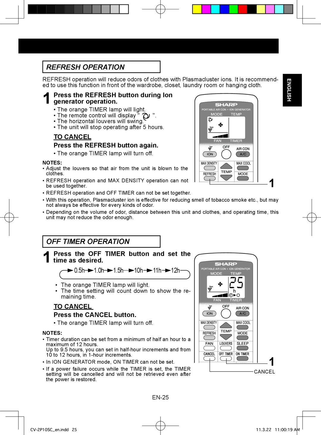 Sharp CV-2P10SC Refresh Operation, OFF Timer Operation, Press the Refresh button during Ion generator operation 