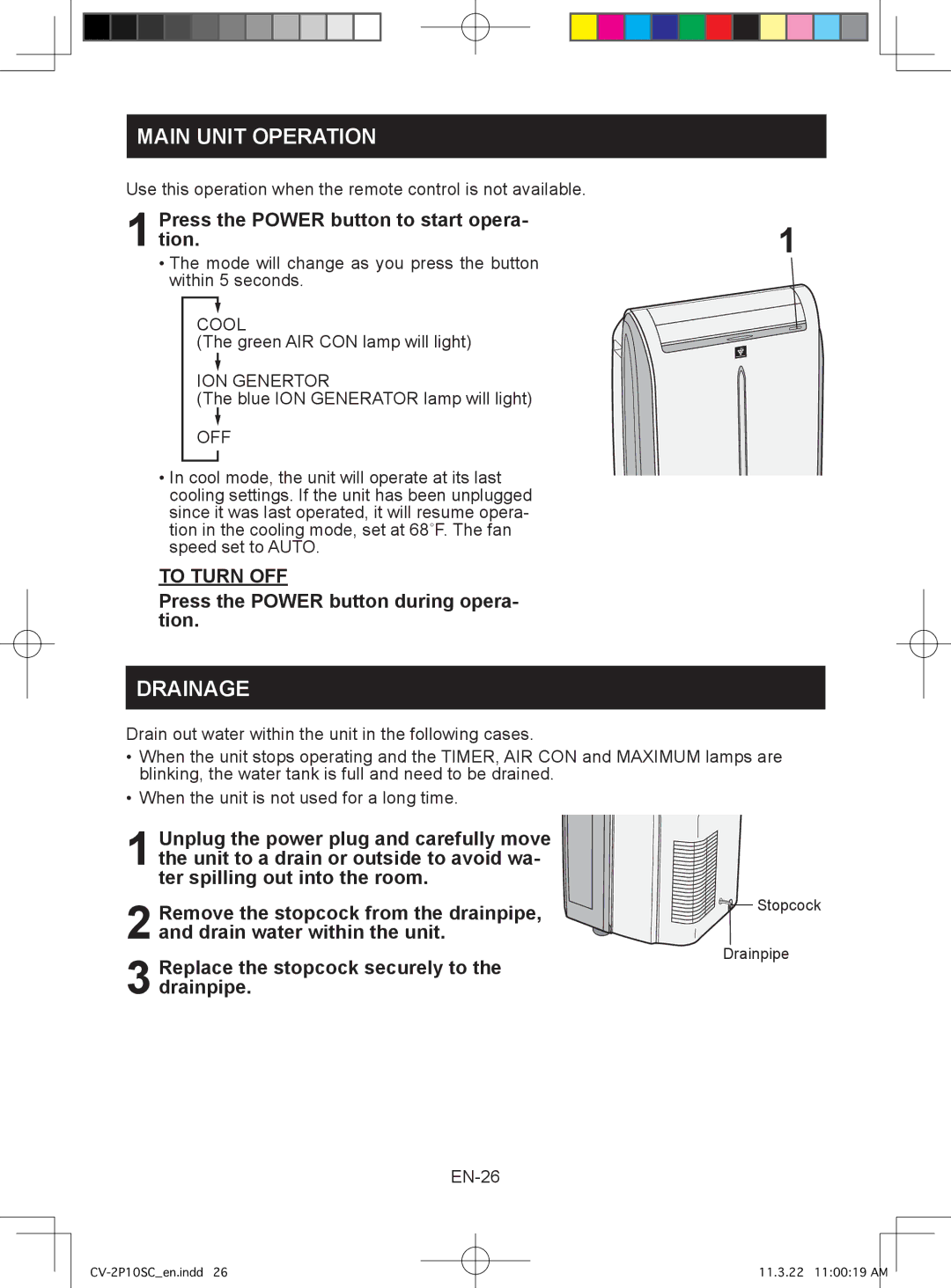 Sharp CV-2P10SC operation manual Main Unit Operation, Drainage, Press the Power button to start opera Tion 