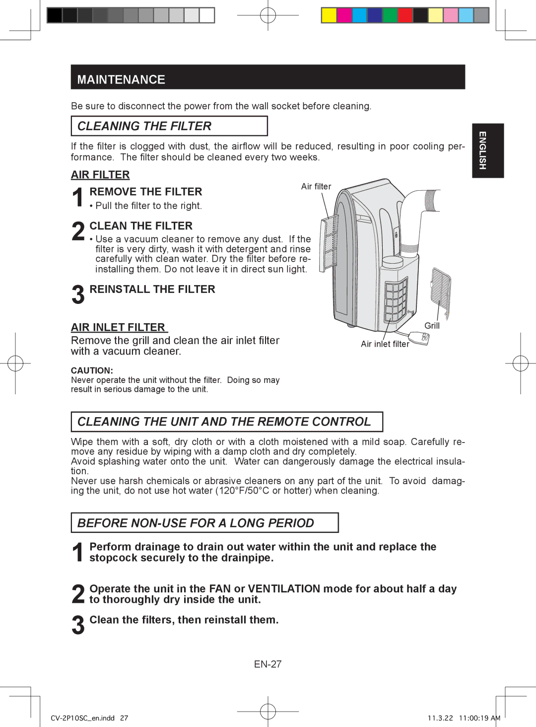 Sharp CV-2P10SC operation manual Maintenance, Cleaning the Filter, Cleaning the Unit and the Remote Control 