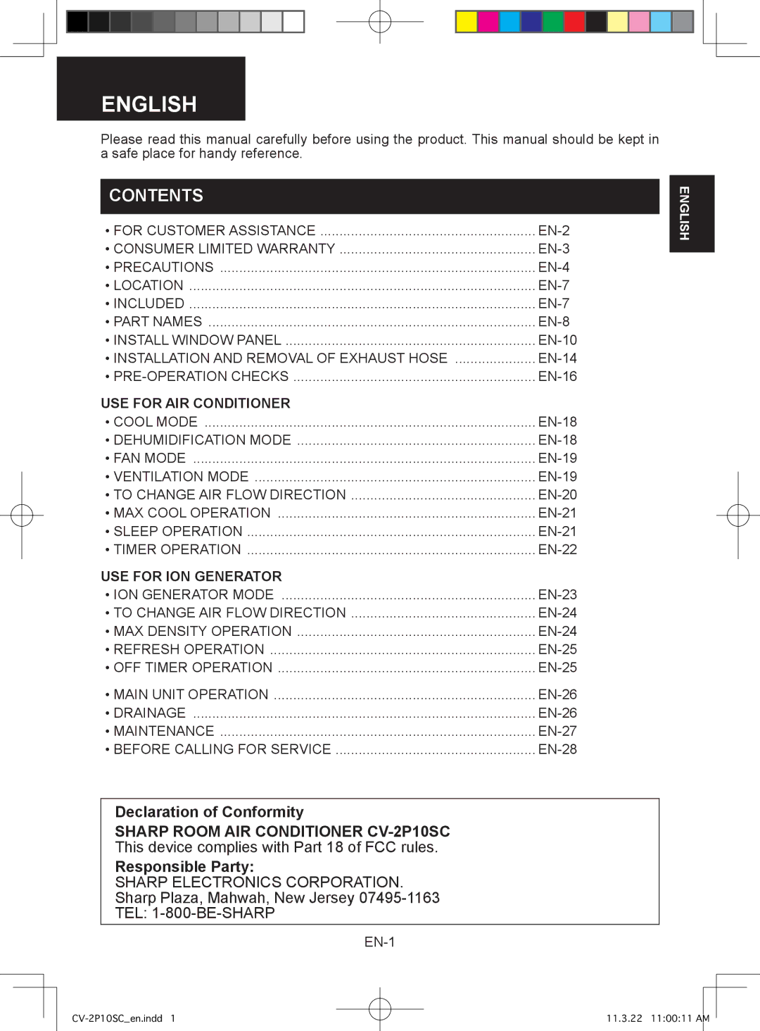 Sharp CV-2P10SC operation manual English, Contents 