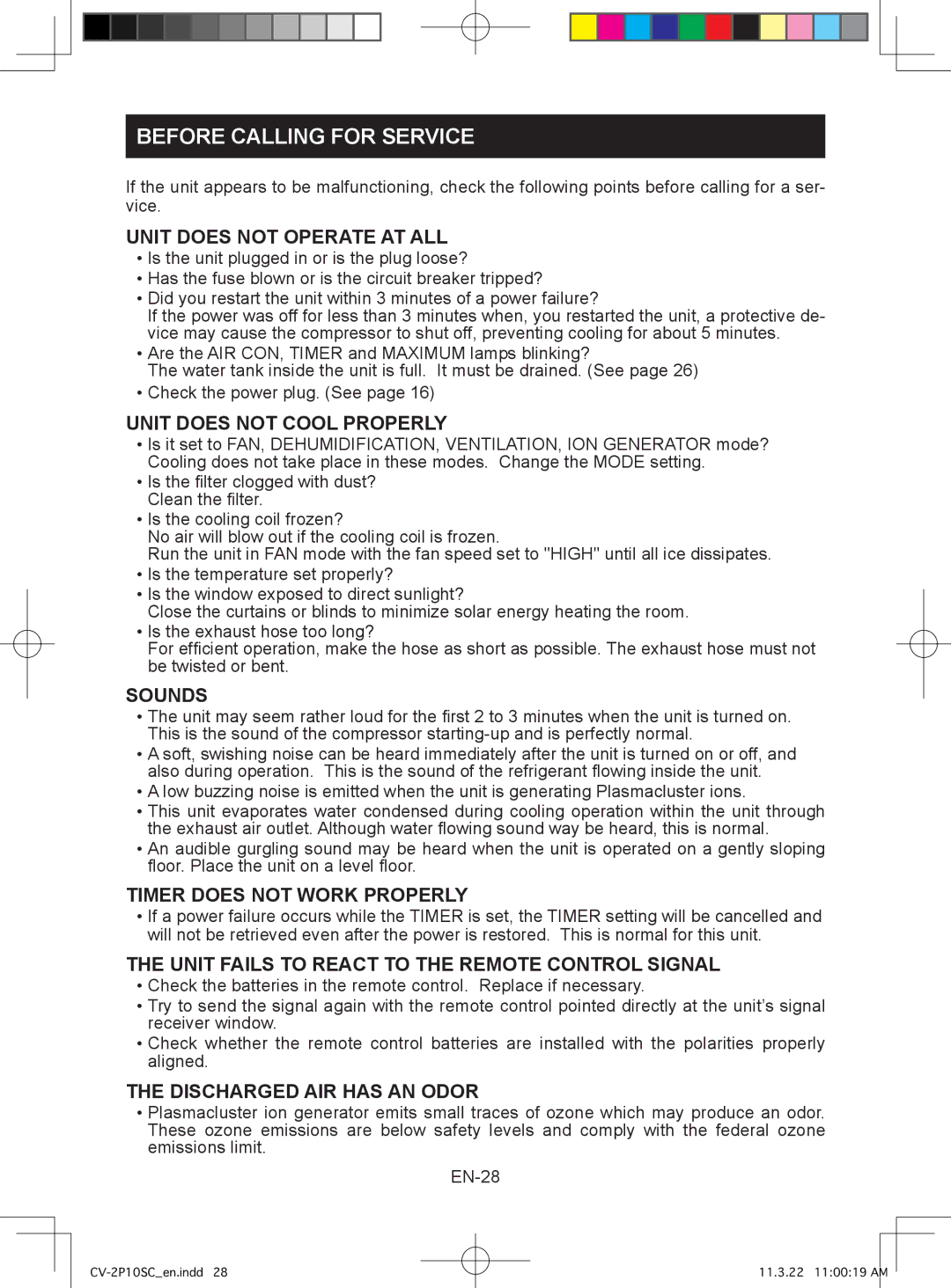 Sharp CV-2P10SC operation manual Before Calling for Service 