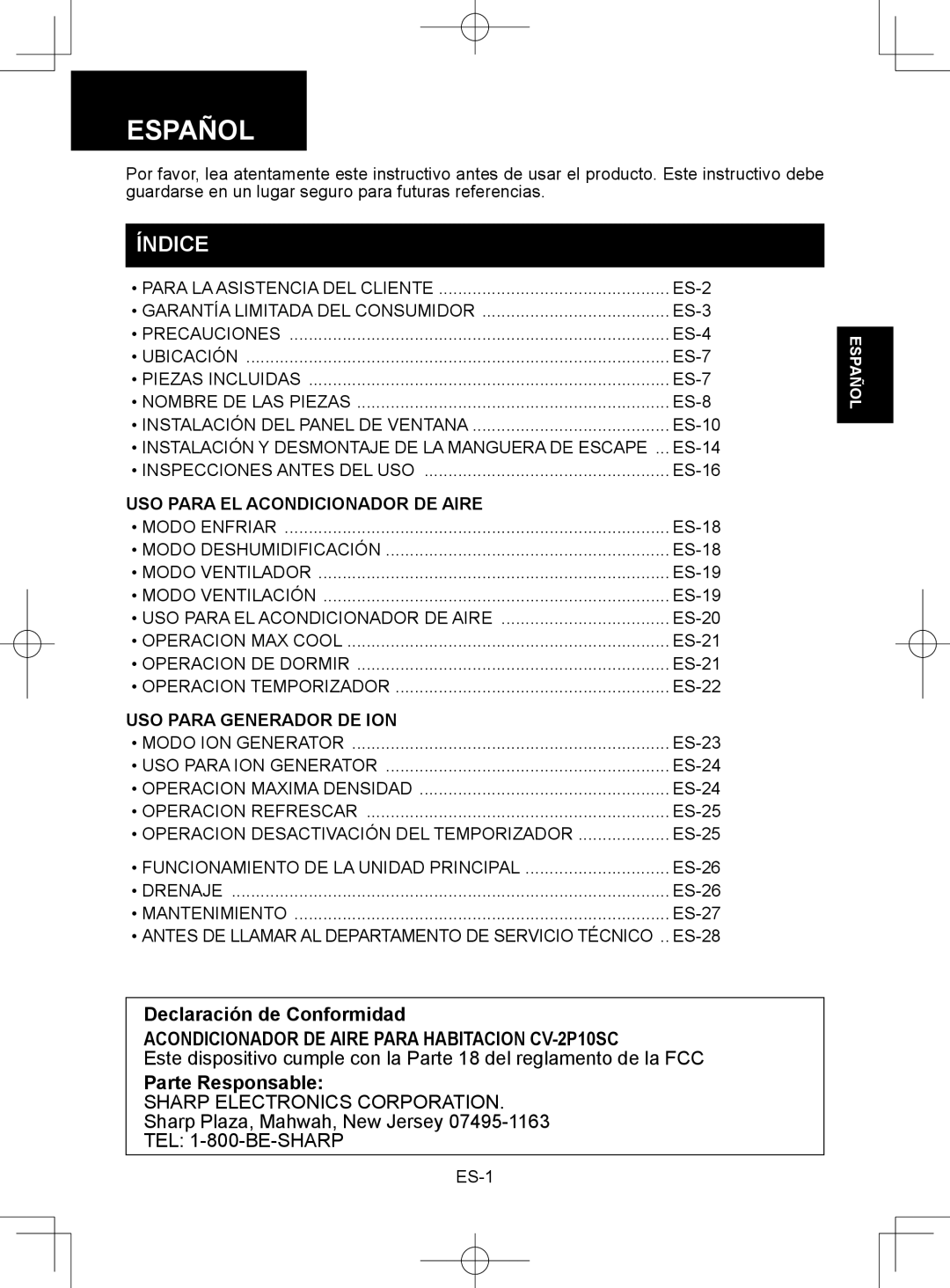 Sharp Índice, Declaración de Conformidad, Acondicionador DE Aire Para Habitacion CV-2P10SC, Parte Responsable 