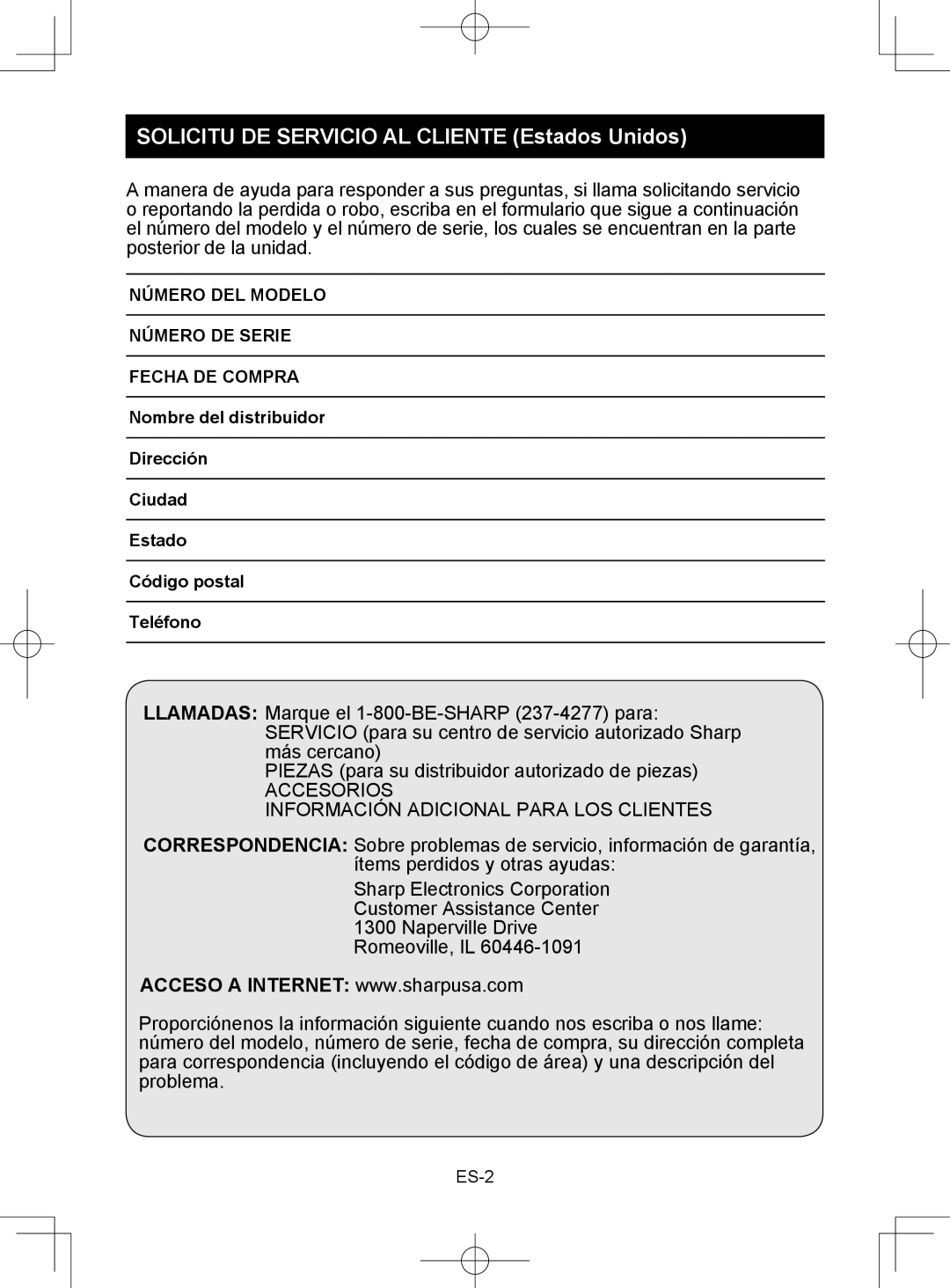 Sharp CV-2P10SC operation manual Solicitu DE Servicio AL Cliente Estados Unidos 