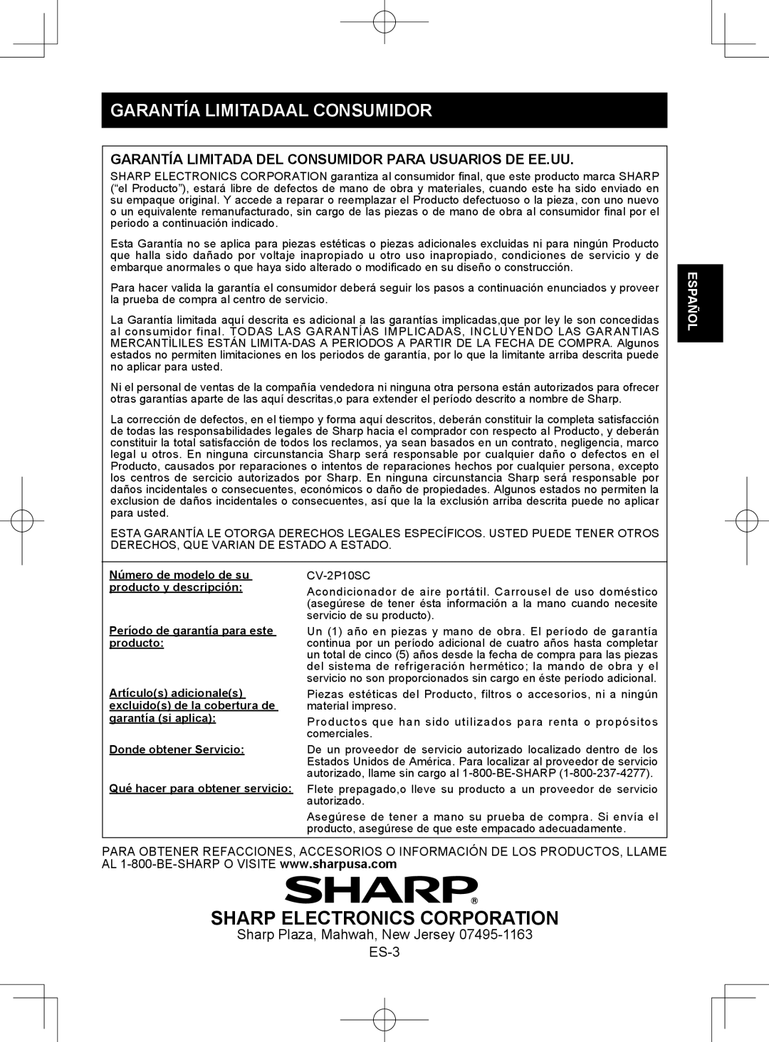 Sharp CV-2P10SC operation manual Garantía Limitadaal Consumidor, Garantía Limitada DEL Consumidor Para Usuarios DE EE.UU 