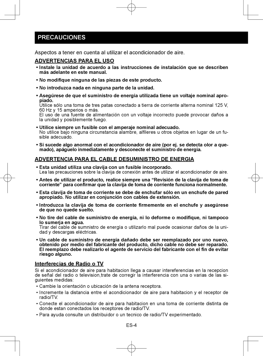 Sharp CV-2P10SC operation manual Precauciones, Advertencias Para EL USO, Advertencia Para EL Cable Desuministro DE Energia 