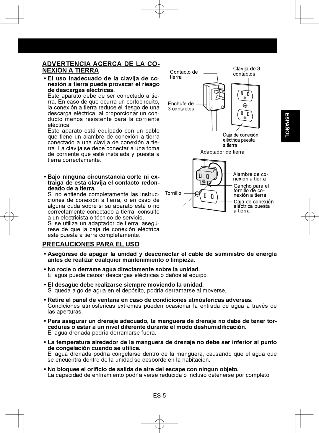 Sharp CV-2P10SC operation manual Advertencia Acerca DE LA CO- Nexión a Tierra, Precauciones Para EL USO 