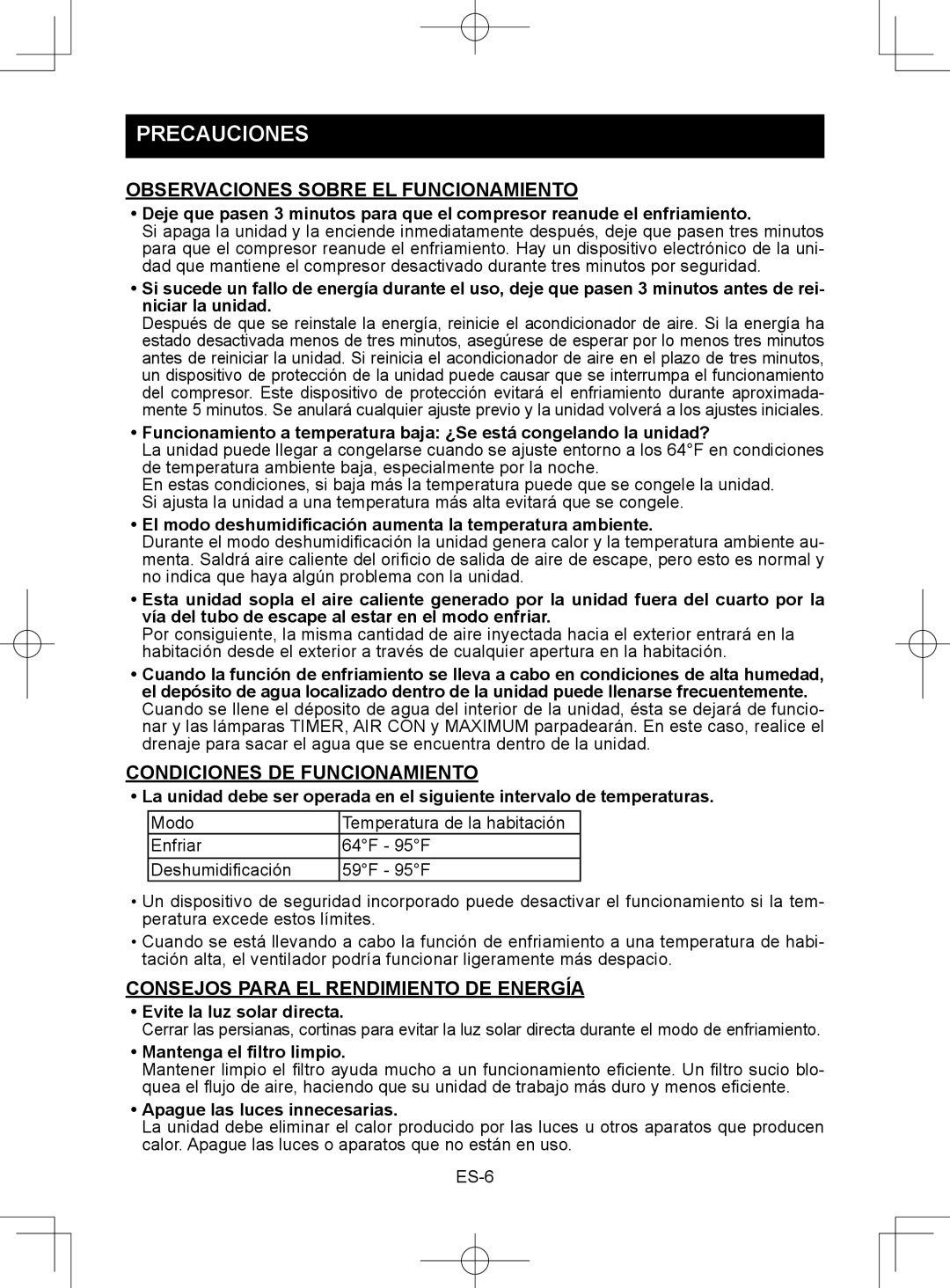 Sharp CV-2P10SC operation manual Observaciones Sobre EL Funcionamiento, Condiciones DE Funcionamiento 