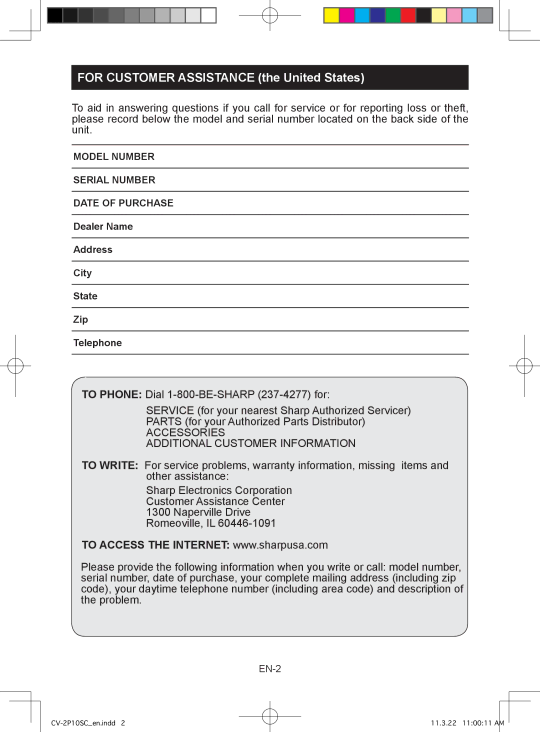 Sharp CV-2P10SC operation manual For Customer Assistance the United States 