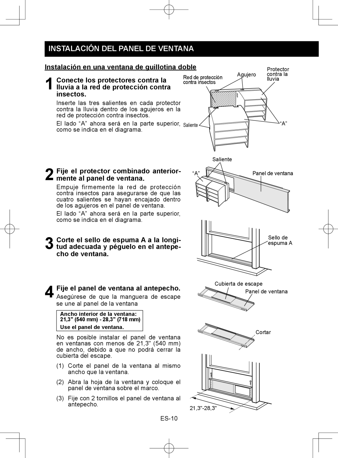 Sharp CV-2P10SC operation manual Instalación DEL Panel DE Ventana, Instalación en una ventana de guillotina doble 