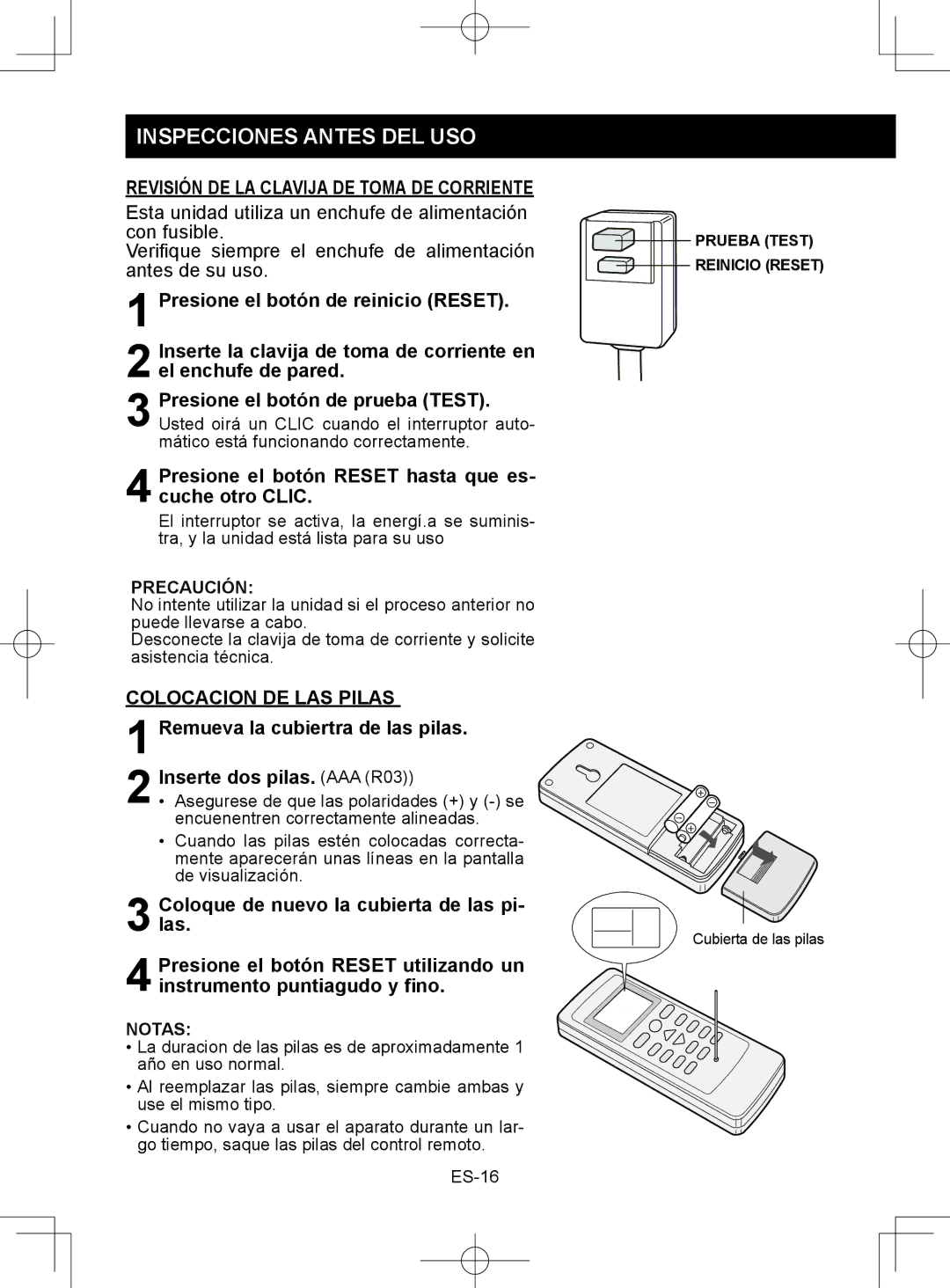 Sharp CV-2P10SC operation manual Inspecciones Antes DEL USO, Presione el botón de reinicio Reset, Colocacion DE LAS Pilas 