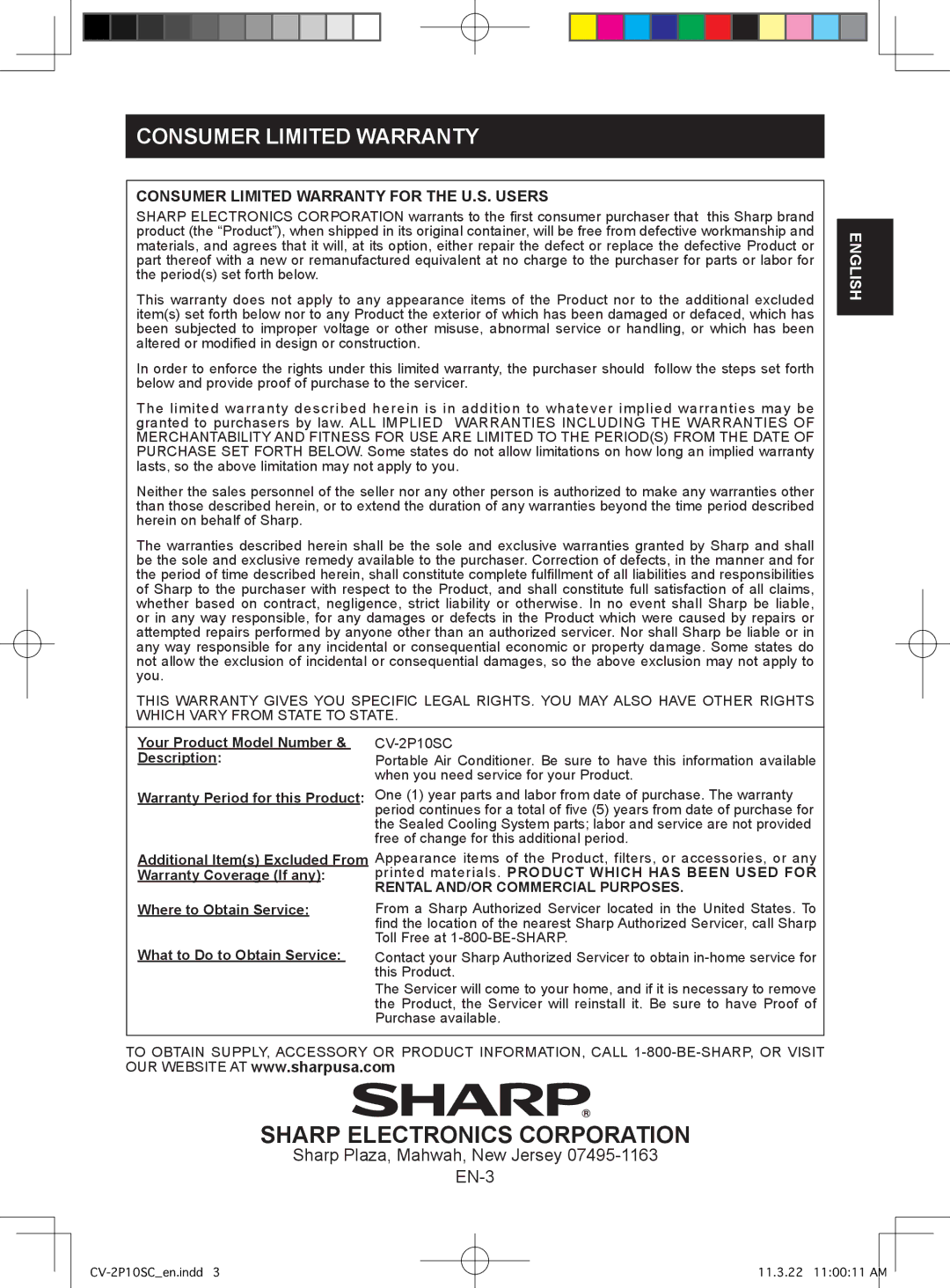 Sharp CV-2P10SC operation manual Consumer Limited Warranty for the U.S. Users 