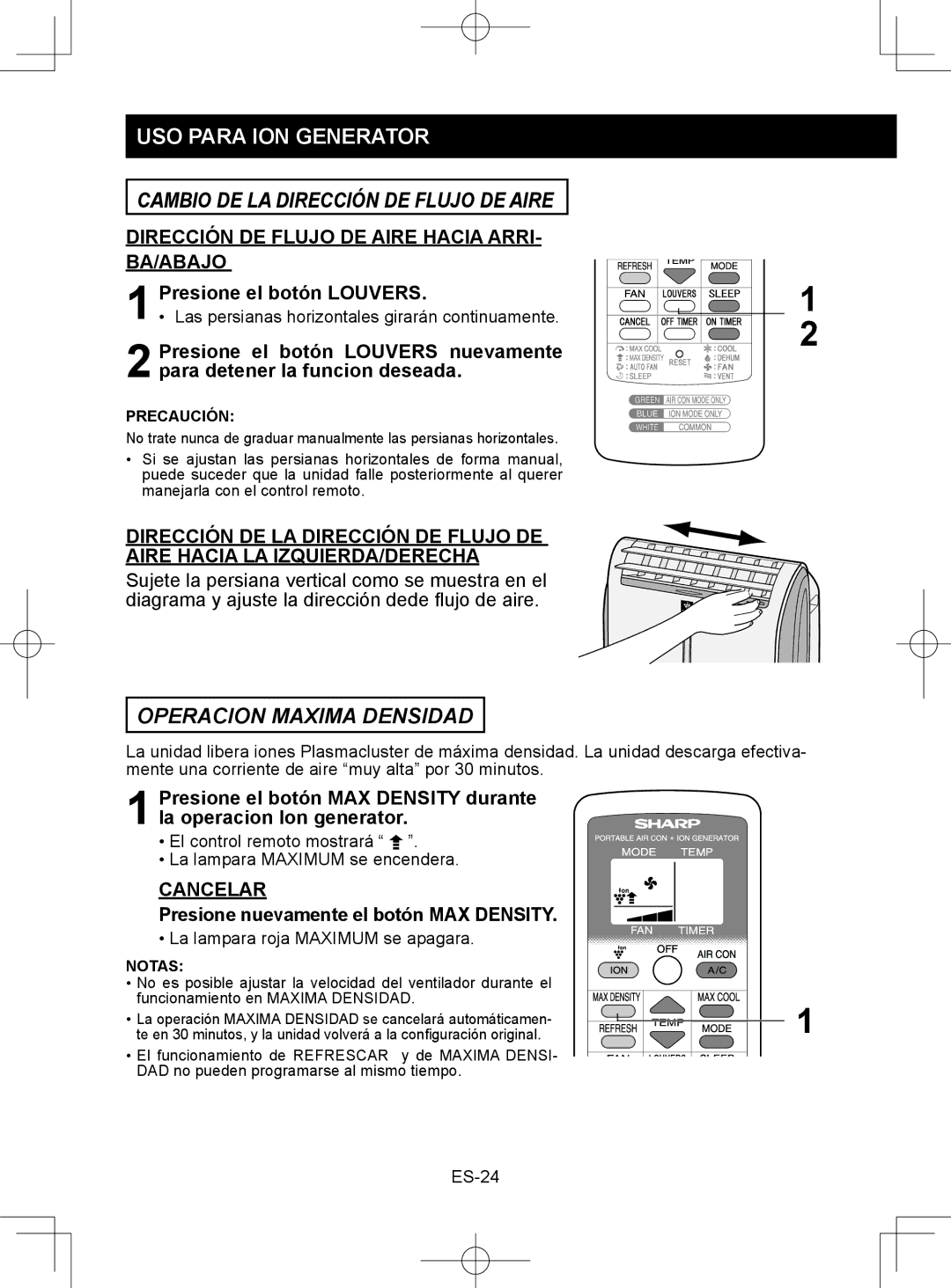 Sharp CV-2P10SC USO Para ION Generator, Operacion Maxima Densidad, Dirección DE Flujo DE Aire Hacia ARRI- BA/ABAJO 