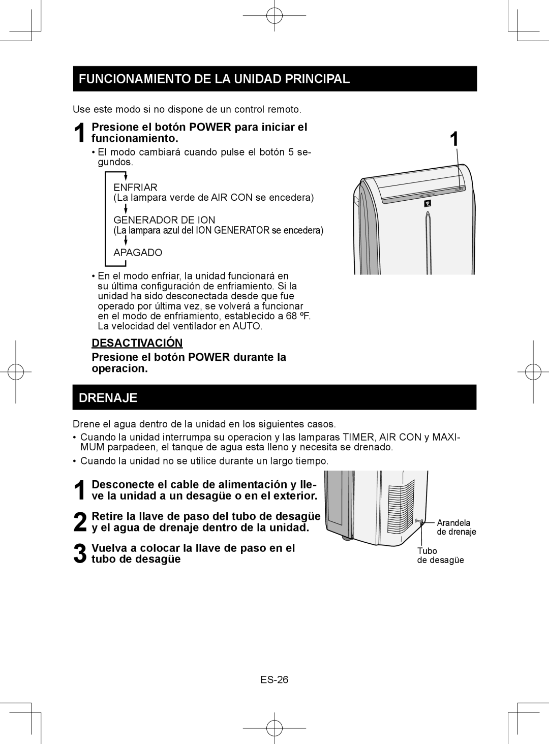 Sharp CV-2P10SC Funcionamiento DE LA Unidad Principal, Drenaje, Presione el botón Power para iniciar el Funcionamiento 