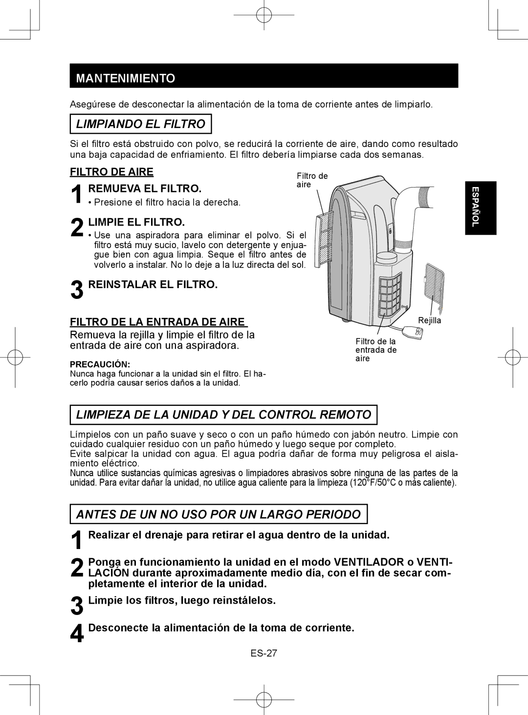 Sharp CV-2P10SC operation manual Mantenimiento, Limpiando EL Filtro, Limpieza DE LA Unidad Y DEL Control Remoto 