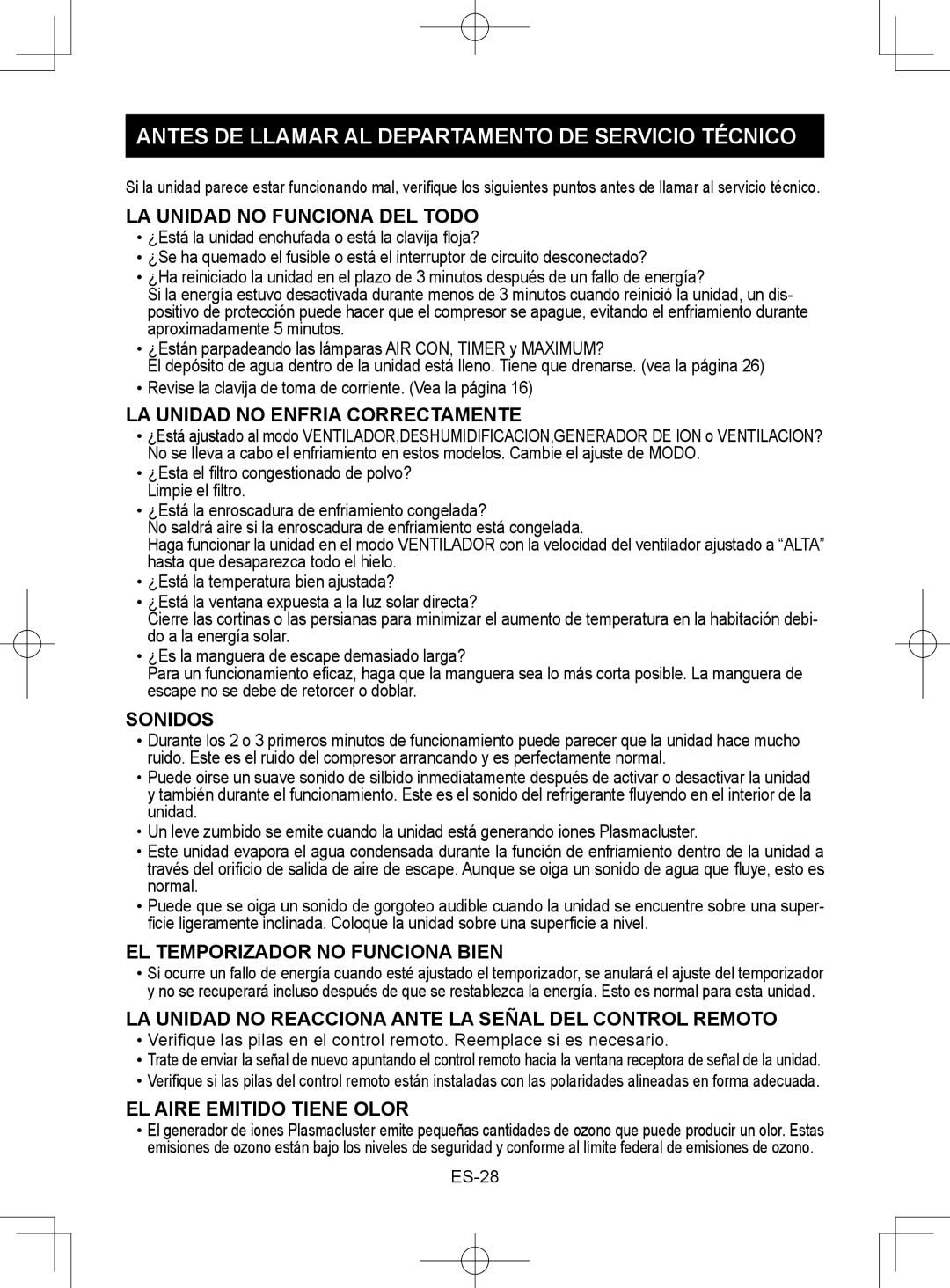 Sharp CV-2P10SC operation manual Antes DE Llamar AL Departamento DE Servicio Técnico 