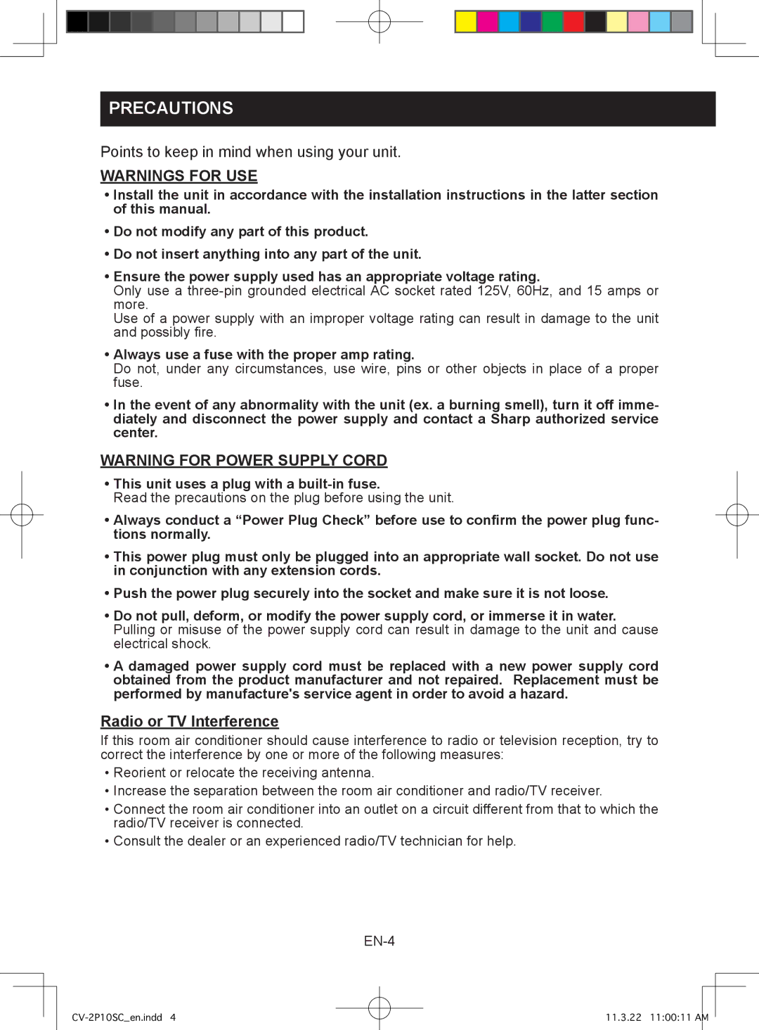 Sharp CV-2P10SC operation manual Precautions, Radio or TV Interference 