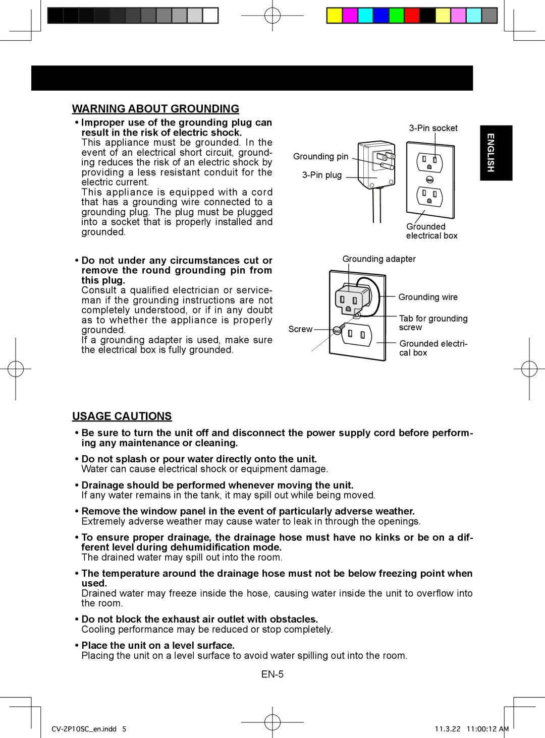 Sharp CV-2P10SC operation manual Usage Cautions, Drainage should be performed whenever moving the unit 