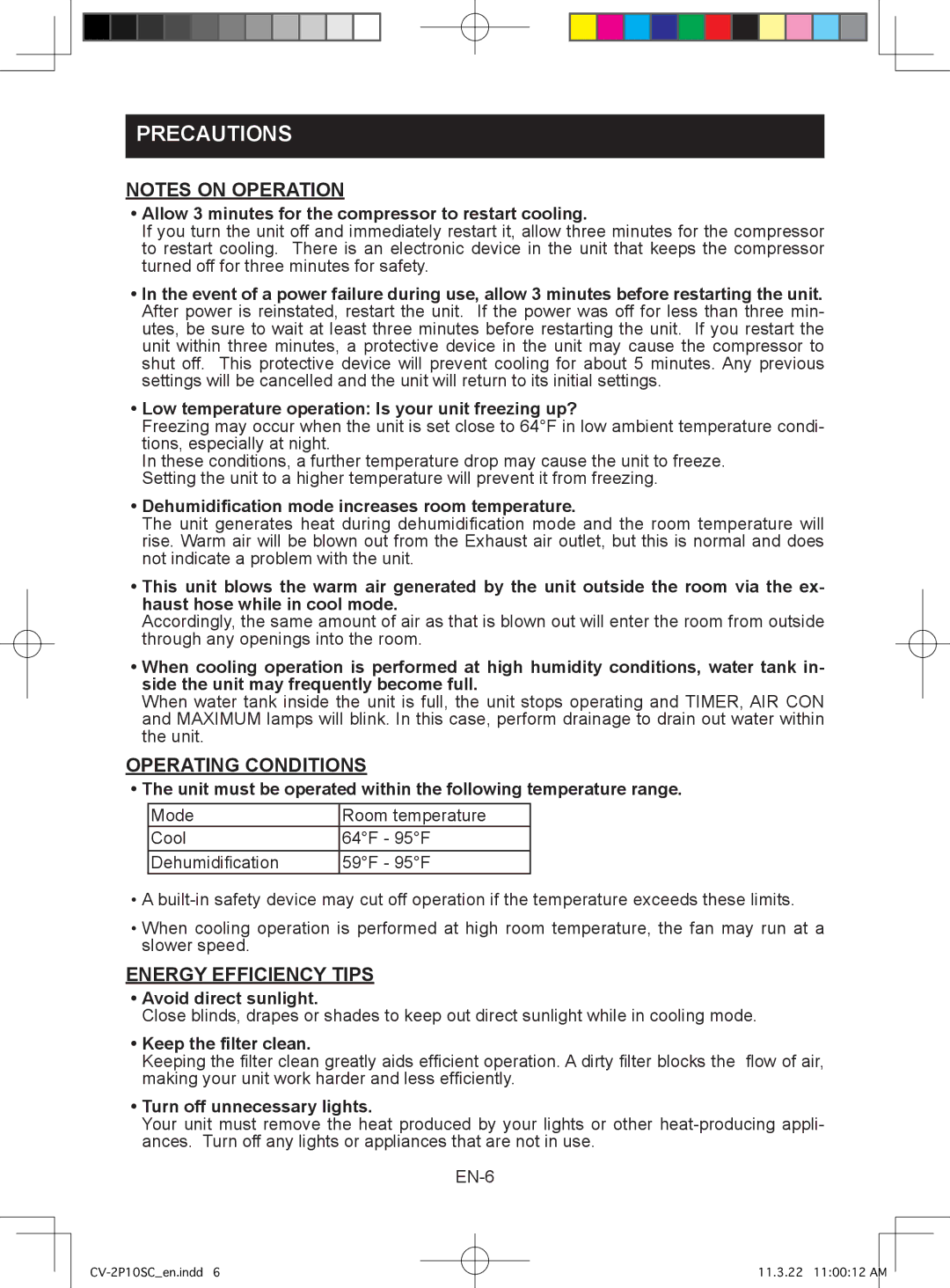 Sharp CV-2P10SC operation manual Operating Conditions, Energy Efficiency Tips 