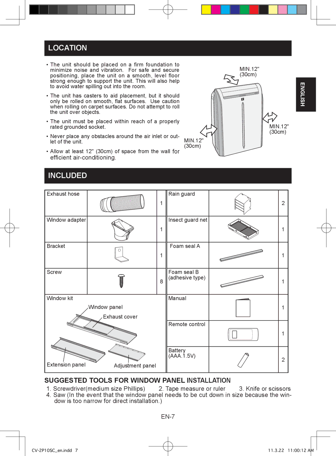 Sharp CV-2P10SC operation manual Location, Included, Suggested Tools for Window Panel Installation 