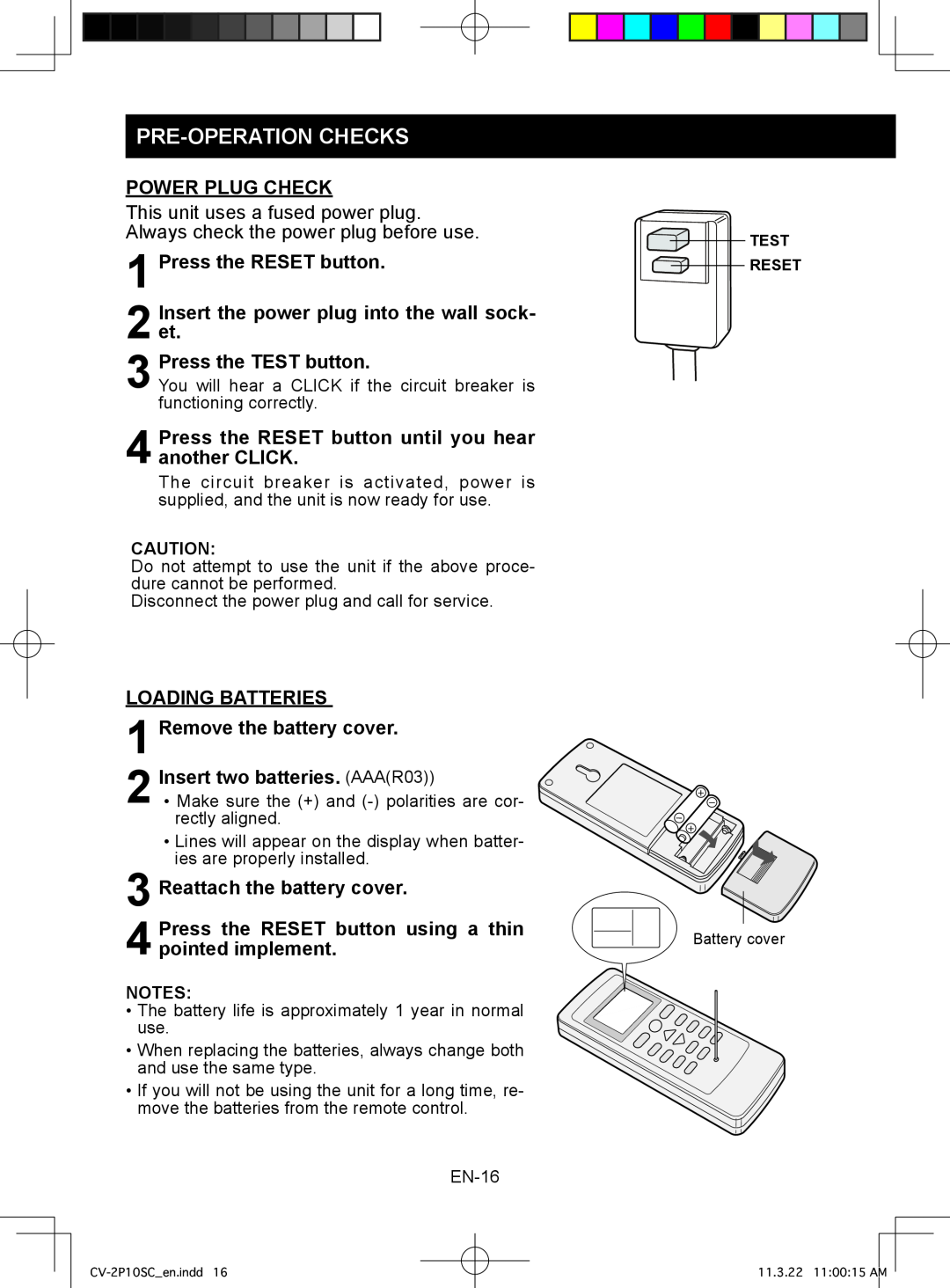 Sharp CV-2P10SC operation manual Pre-Operationchecks, Power Plug Check, Press the RESET button, Press the TEST button 