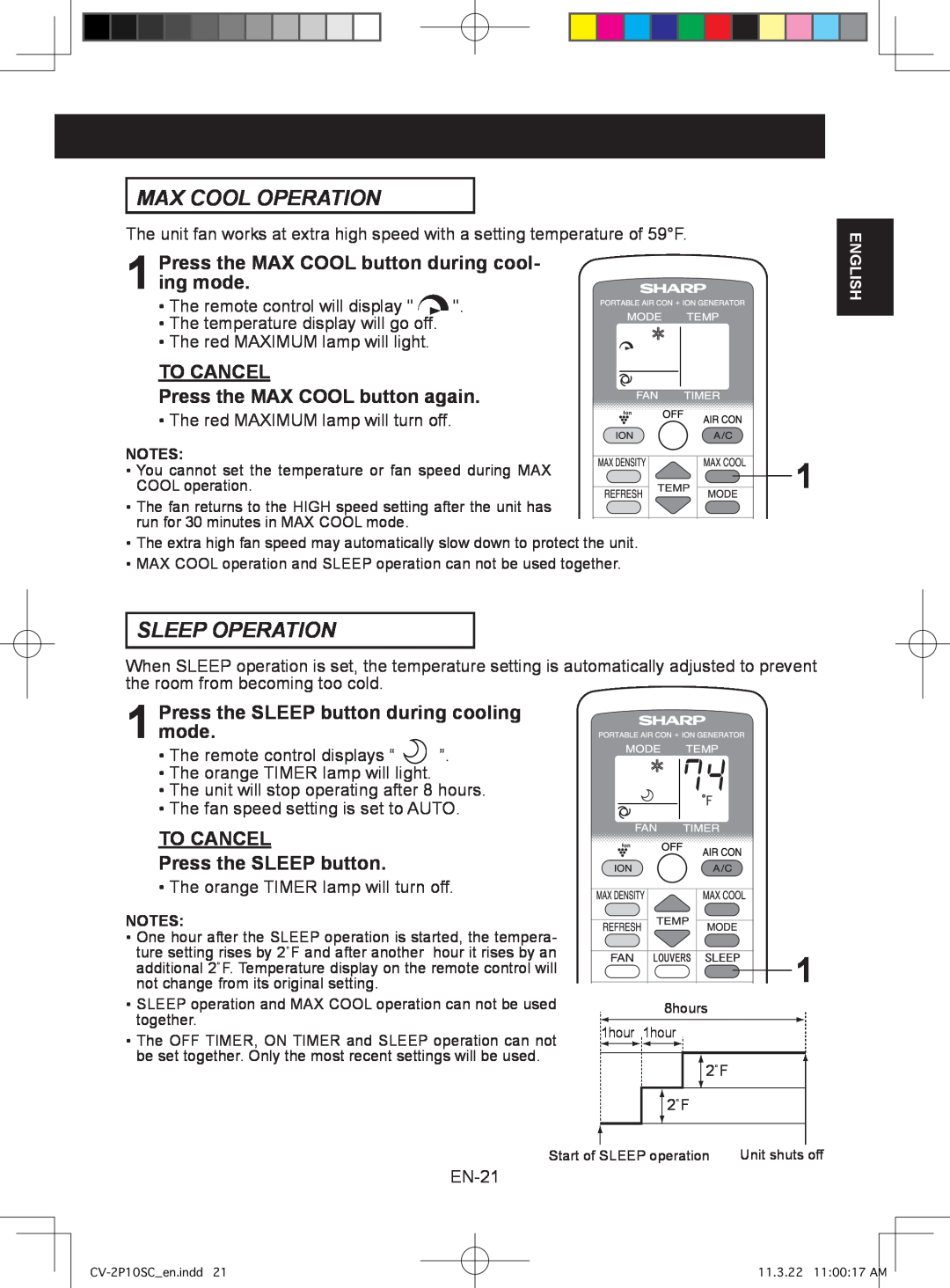 Sharp CV-2P10SC operation manual Max Cool Operation, Sleep Operation, Press the MAX COOL button during cool- ing mode 