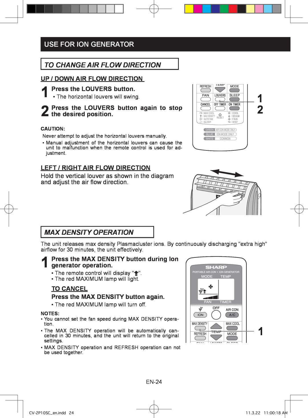 Sharp CV-2P10SC operation manual Max Density Operation, TO CANCEL Press the MAX DENSITY button again, Use For Ion Generator 