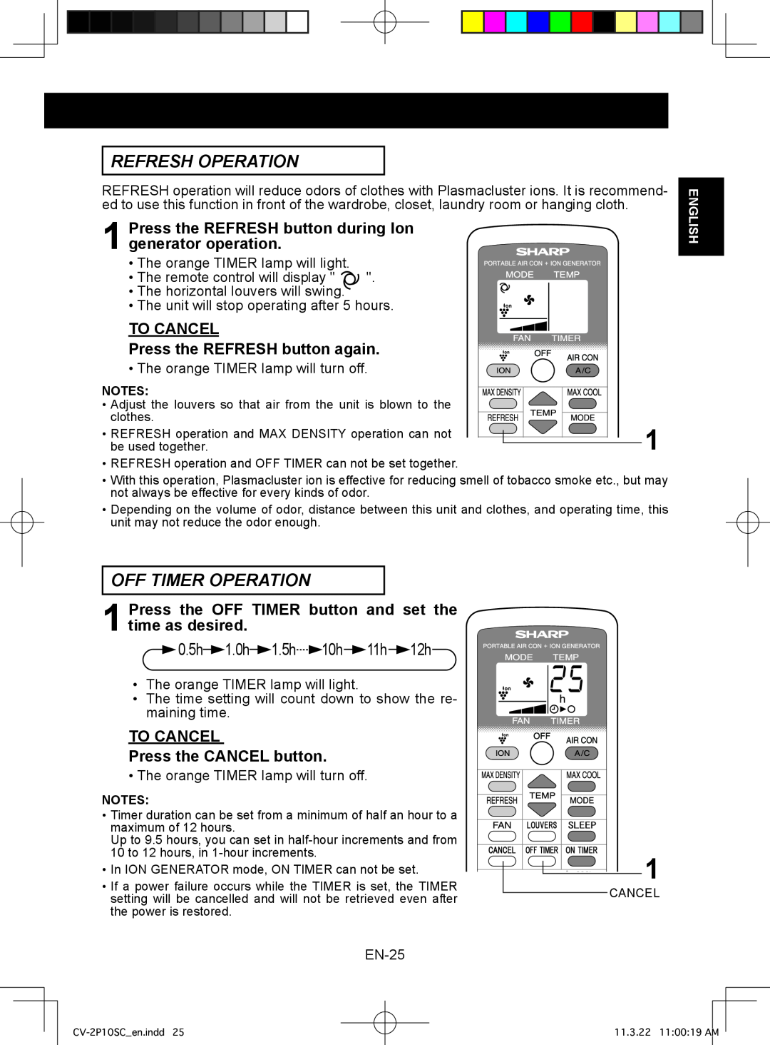 Sharp CV-2P10SC operation manual Refresh Operation, Off Timer Operation, TO CANCEL Press the REFRESH button again, English 