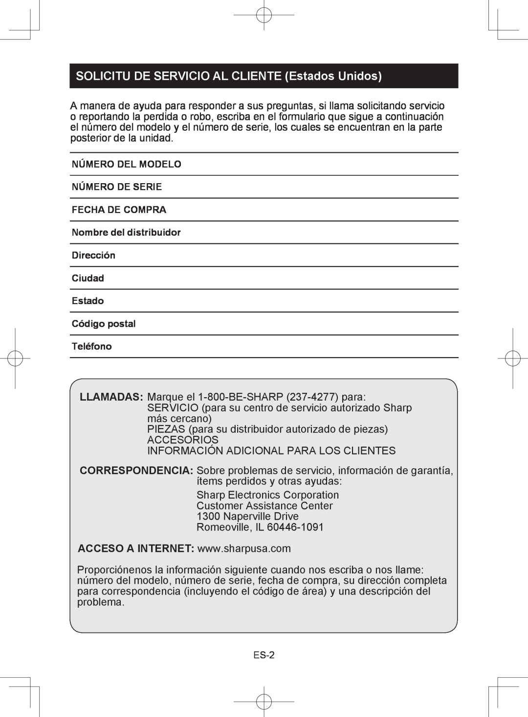 Sharp CV-2P10SC operation manual SOLICITU DE SERVICIO AL CLIENTE Estados Unidos 