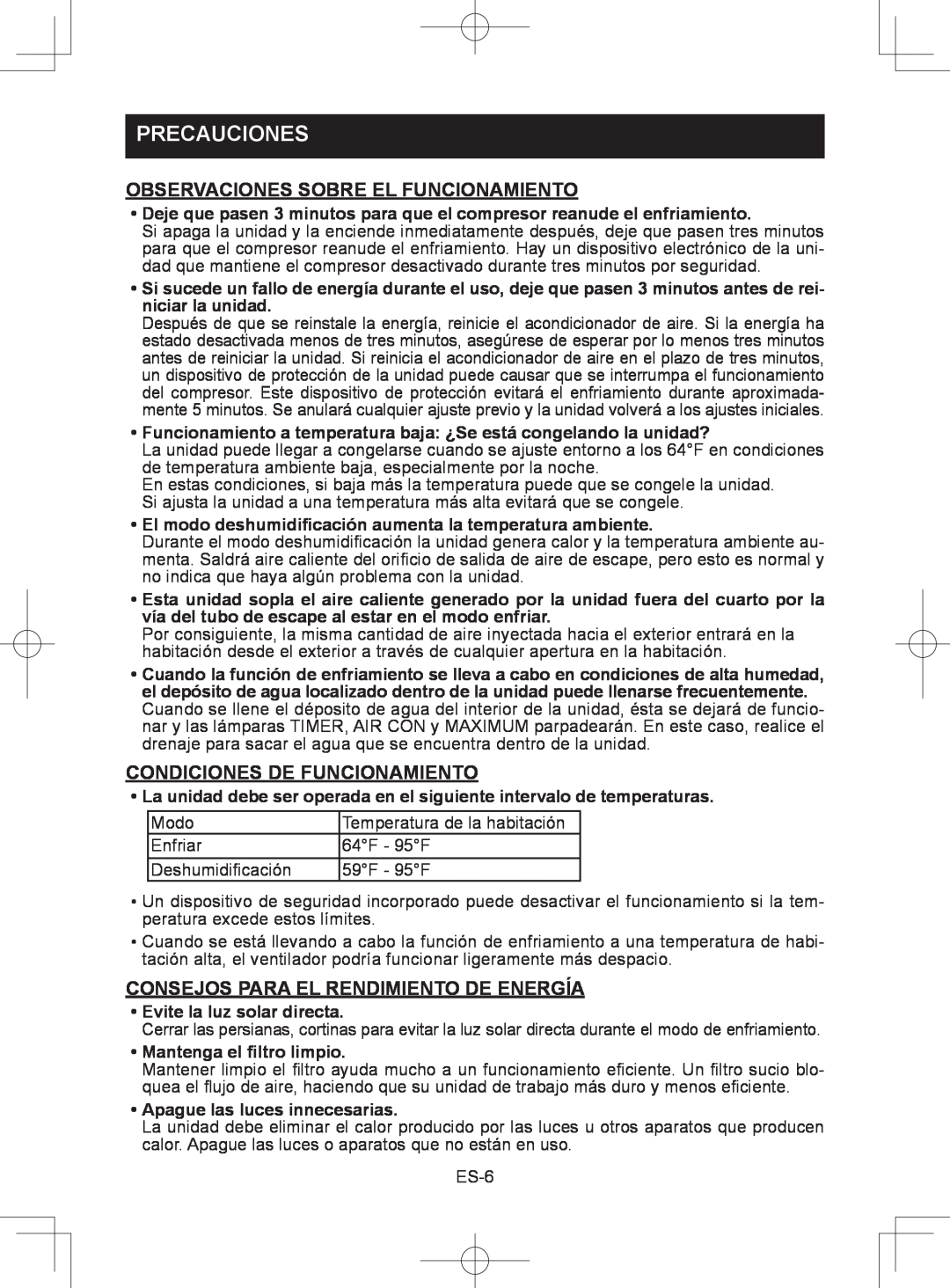 Sharp CV-2P10SC operation manual Observaciones Sobre El Funcionamiento, Condiciones De Funcionamiento, Precauciones 