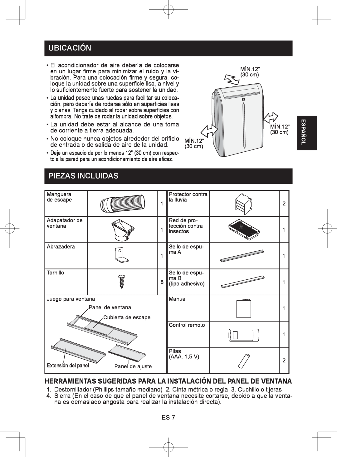 Sharp CV-2P10SC operation manual Ubicación, Piezas Incluidas, No coloque nunca objetos alrededor del oriﬁcio, ES-7, Español 